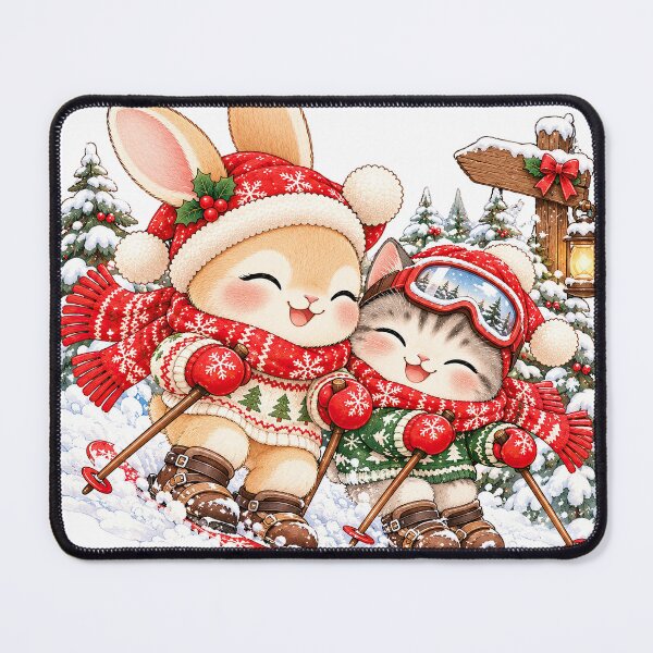 Item preview, Cute Bunny and Cat Christmas Skiing Adventure designed and sold by BunnyBumb.