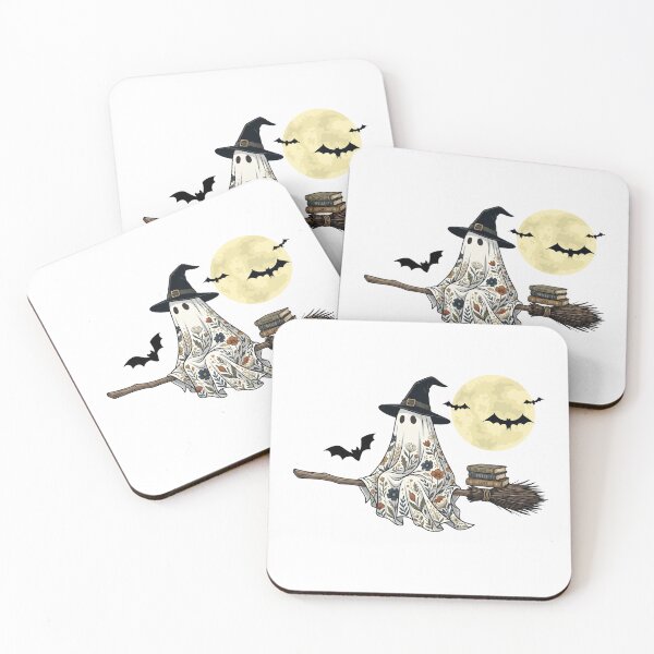 Item preview, Floral Ghost Flying on a Broom with Witch Hat – Gothic Halloween Sticker designed and sold by ShadeScapeArt.
