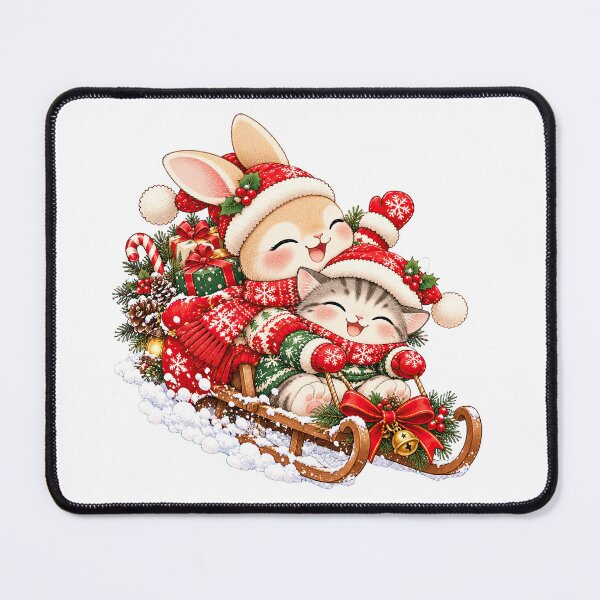 Item preview, Cute Bunny and Cat Christmas Sled Adventure designed and sold by BunnyBumb.