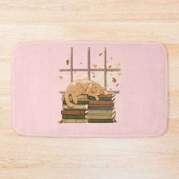 Item preview, Cozy Orange Cat Sleeping on Vintage Book Stacks Autumn Window View Art    designed and sold by Catophile.