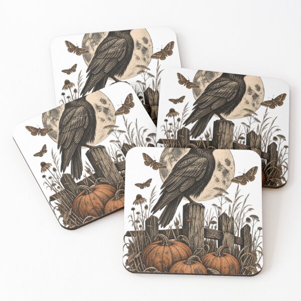 Item preview, Raven and Pumpkins Under a Full Moon – Vintage Gothic Halloween designed and sold by pinkaesthetik.
