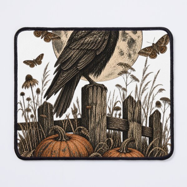 Item preview, Raven and Pumpkins Under a Full Moon – Vintage Gothic Halloween designed and sold by pinkaesthetik.