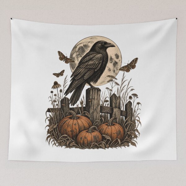 Item preview, Raven and Pumpkins Under a Full Moon – Vintage Gothic Halloween designed and sold by pinkaesthetik.