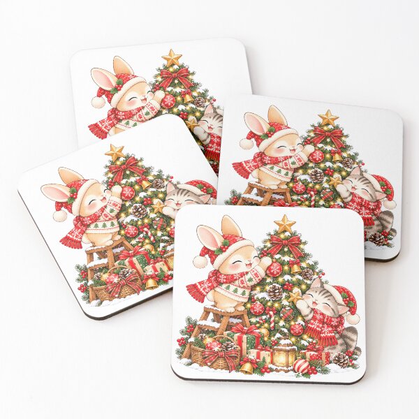 Item preview, Cute Bunny and Cat Decorating Christmas Tree designed and sold by BunnyBumb.