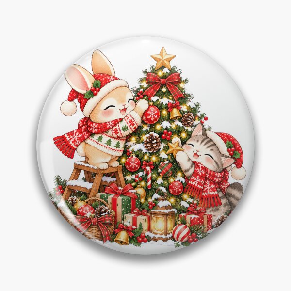 Item preview, Cute Bunny and Cat Decorating Christmas Tree designed and sold by BunnyBumb.