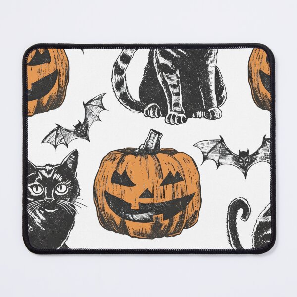 Item preview, Vintage Hand Drawn Halloween Cat, Pumpkin and Bat Seamless Pattern designed and sold by interdesigner.