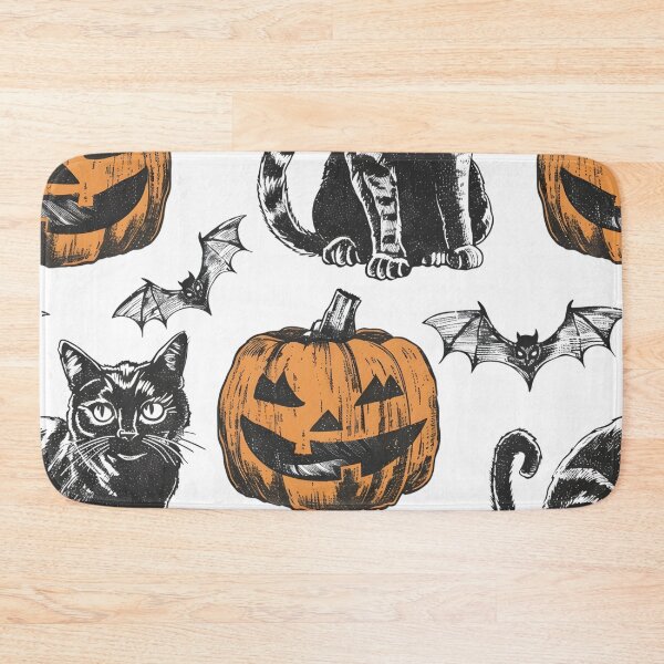 Item preview, Vintage Hand Drawn Halloween Cat, Pumpkin and Bat Seamless Pattern designed and sold by interdesigner.
