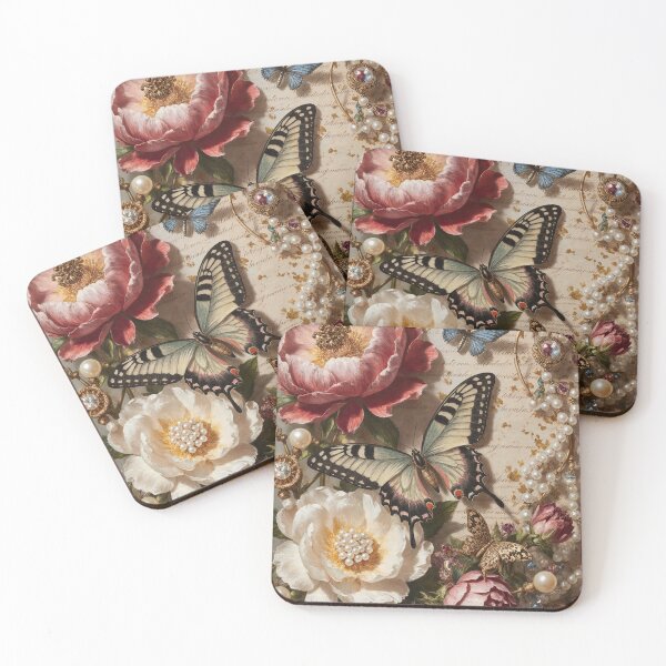 Item preview, Baroque Peonies Pearls and Vintage Butterfly Wallpaper designed and sold by DMarquiseArt.