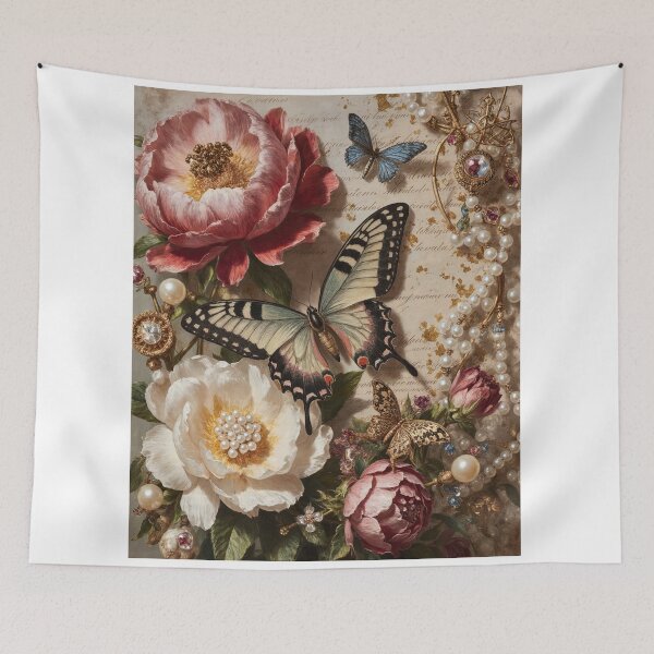 Item preview, Baroque Peonies Pearls and Vintage Butterfly Wallpaper designed and sold by DMarquiseArt.