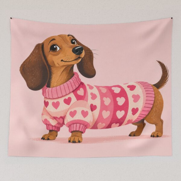 Item preview, Dachshund wears pink heart sweater designed and sold by anytka.