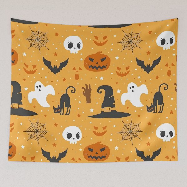 Item preview, Cute Halloween Witch Hat, Ghost, Black Cat and Pumpkin Seamless Pattern designed and sold by interdesigner.