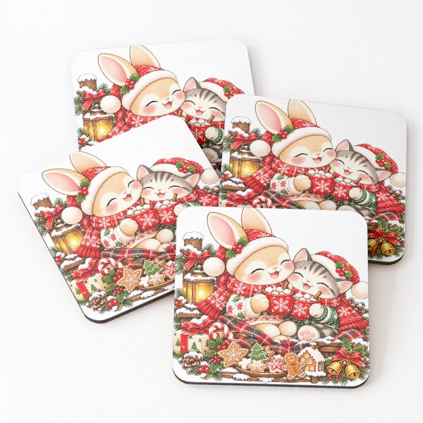 Item preview, Cute Bunny and Cat Cozy Christmas Hot Cocoa designed and sold by BunnyBumb.