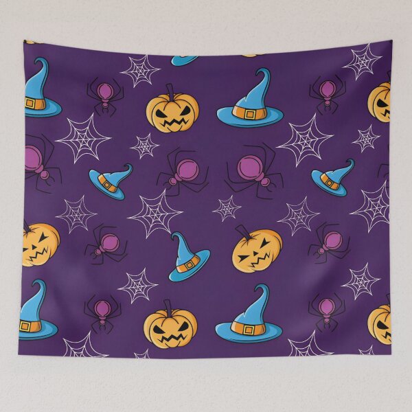 Item preview, Purple Halloween Witch Hat, Pumpkin and Spiderweb Seamless Pattern designed and sold by interdesigner.