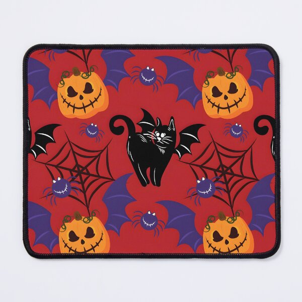 Item preview, Red Halloween Black Cat, Bat Wings, Pumpkin and Spiderweb Seamless Pattern designed and sold by interdesigner.
