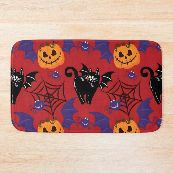 Item preview, Red Halloween Black Cat, Bat Wings, Pumpkin and Spiderweb Seamless Pattern designed and sold by interdesigner.