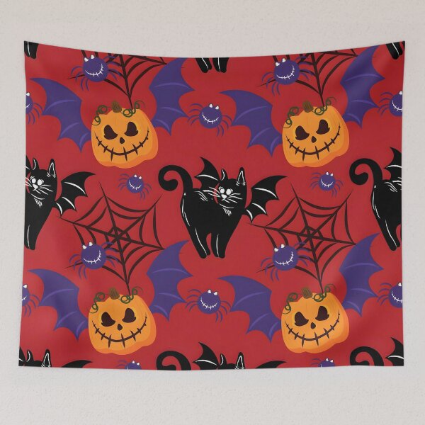 Item preview, Red Halloween Black Cat, Bat Wings, Pumpkin and Spiderweb Seamless Pattern designed and sold by interdesigner.
