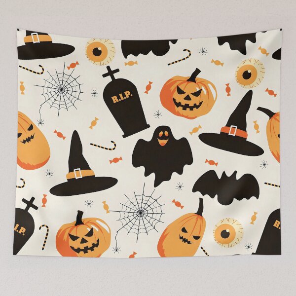 Item preview, Halloween Witch Hat, Pumpkin, Tombstone and Eyeball Seamless Pattern designed and sold by interdesigner.