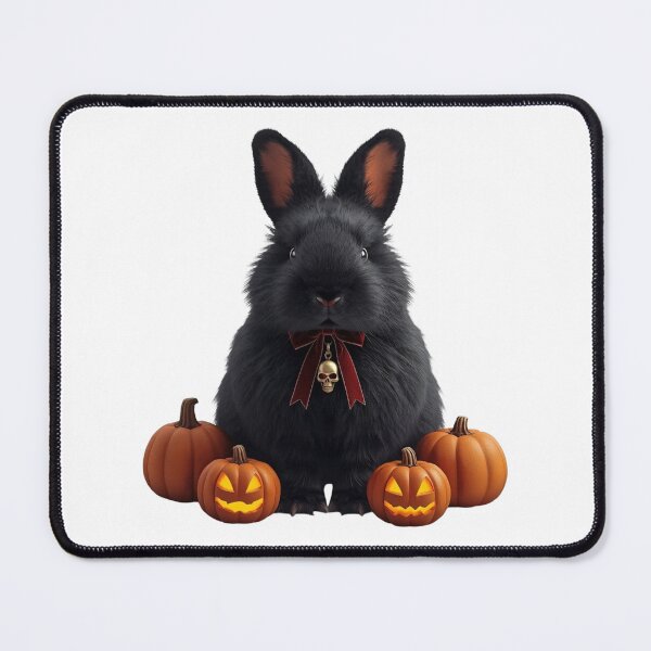 Item preview, Fluffy Black Rabbit with Skull Charm and Glowing Halloween Pumpkins designed and sold by OlesiaCraft.