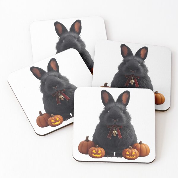 Item preview, Fluffy Black Rabbit with Skull Charm and Glowing Halloween Pumpkins designed and sold by OlesiaCraft.