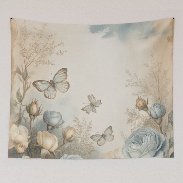 Item preview, Vintage Watercolor Blue Roses Butterfly Floral Art designed and sold by Mindful Wall Art Studio.
