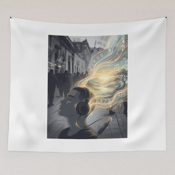 Item preview, Escape with Music - Illustration of Man, Mindscape and Headphones designed and sold by HeloyPinter.