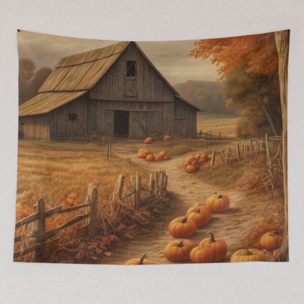 Item preview, Cozy Autumn Farmhouse & Pumpkin Patch Landscape — Rustic Vintage Fall Art designed and sold by LYAN-STORE.