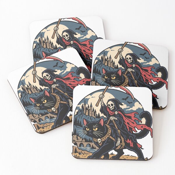 Item preview, Grim Reaper Riding Black Cat Gothic Halloween T-Shirt Design designed and sold by KIDEnia.