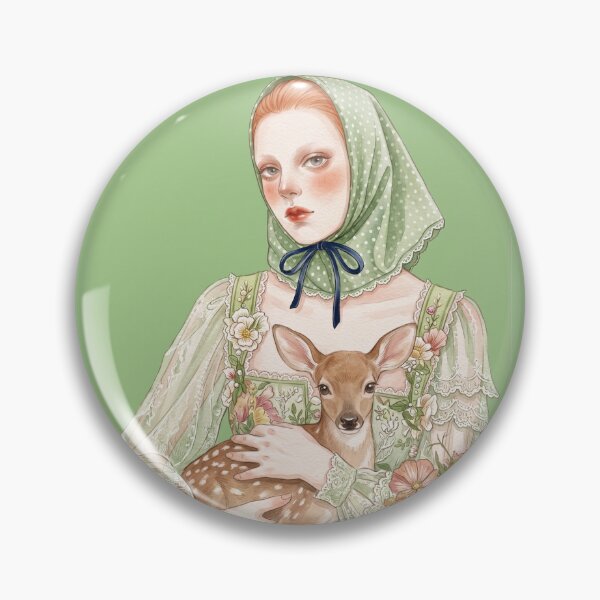 Item preview, Vintage Woman with Baby Fawn and Green Polka Dot Headscarf Illustration designed and sold by Pasteltone.