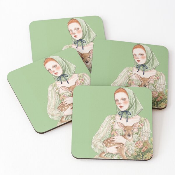 Item preview, Vintage Woman with Baby Fawn and Green Polka Dot Headscarf Illustration designed and sold by Pasteltone.