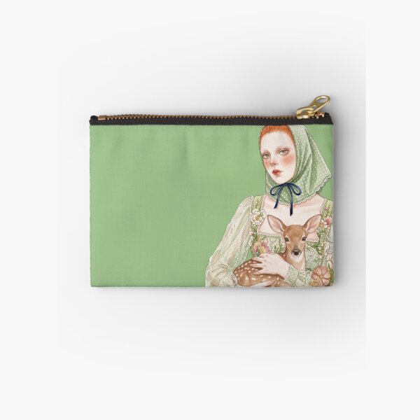 Item preview, Vintage Woman with Baby Fawn and Green Polka Dot Headscarf Illustration designed and sold by Pasteltone.