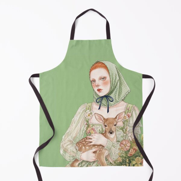 Item preview, Vintage Woman with Baby Fawn and Green Polka Dot Headscarf Illustration designed and sold by Pasteltone.