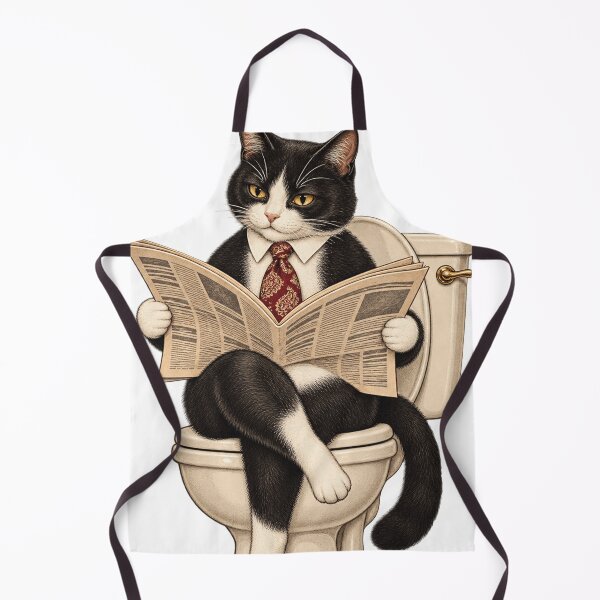 Item preview, Vintage black and white cat reading the newspaper in the bathroom designed and sold by Limmagin.