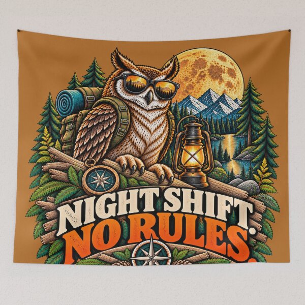 Item preview, Night Shift No Rules – Cool Owl Retro Wilderness Adventure designed and sold by JanRizz.