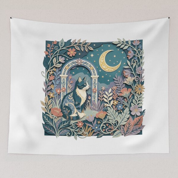 Item preview, Papercut Tuxedo Cat Botanical Garden Moon Celestial Art     designed and sold by mood-draftsman.