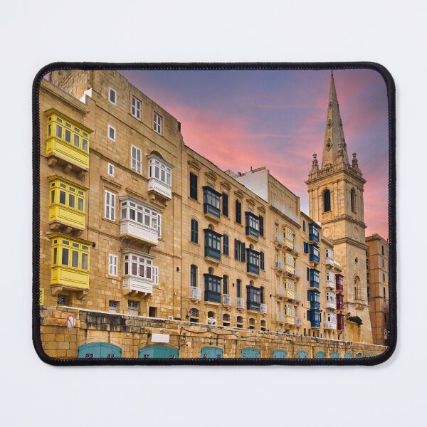 Item preview, Traditional colorful balconies and St Paul's Pro-Cathedral spire in Valletta at sunset designed and sold by goceris.