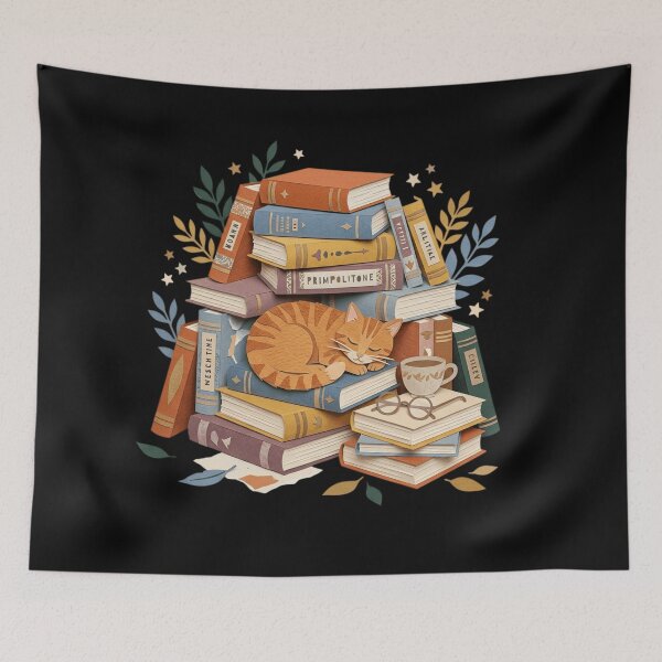 Item preview, Cozy Sleeping Orange Cat on Vintage Book Stack Bookish Art  designed and sold by mood-draftsman.