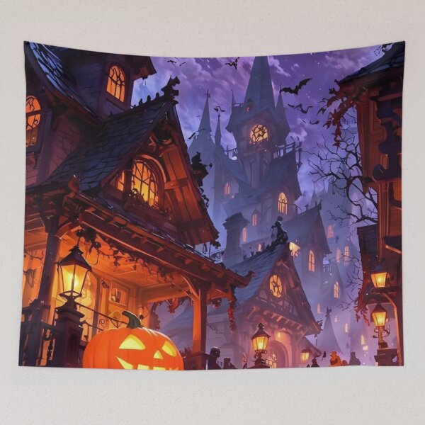 Item preview, Spooky Halloween Town Street — Glowing Pumpkins & Haunted Castle Night Art designed and sold by LYAN-STORE.