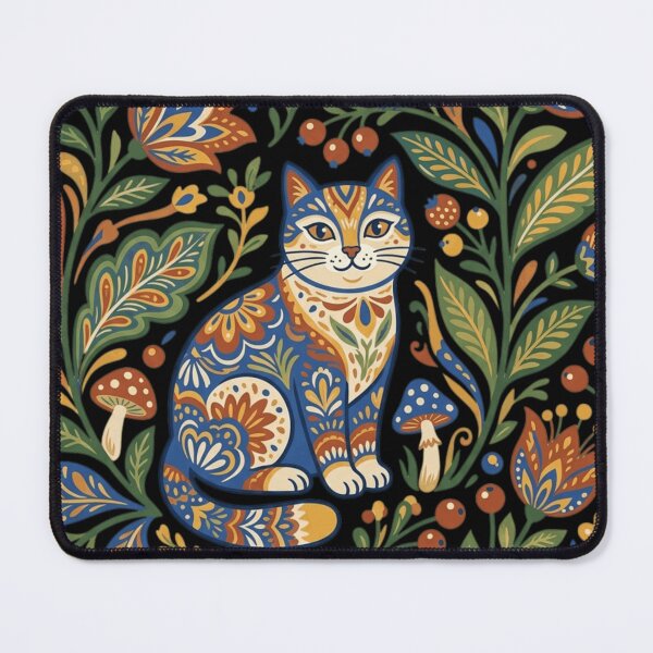 Item preview, Folk Art Cat Scandinavian Floral Garden Traditional Folk Motif   designed and sold by mood-draftsman.