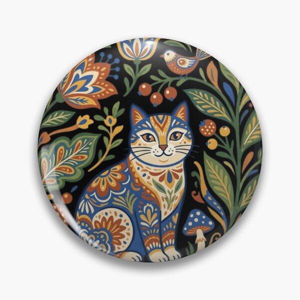 Item preview, Folk Art Cat Scandinavian Floral Garden Traditional Folk Motif   designed and sold by mood-draftsman.
