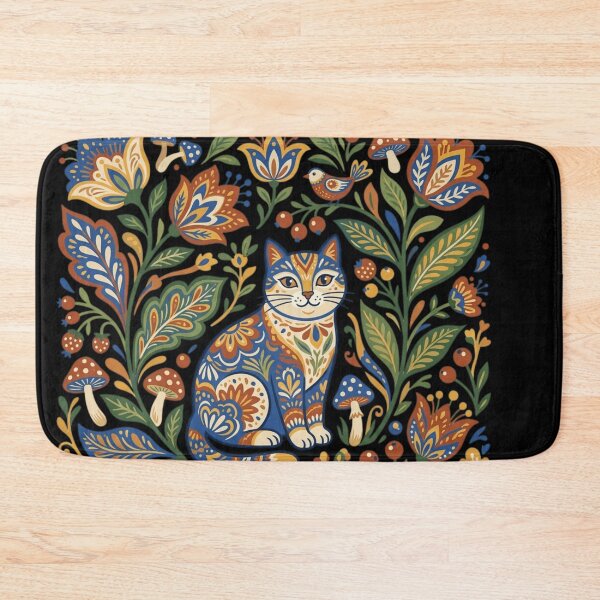 Item preview, Folk Art Cat Scandinavian Floral Garden Traditional Folk Motif   designed and sold by mood-draftsman.