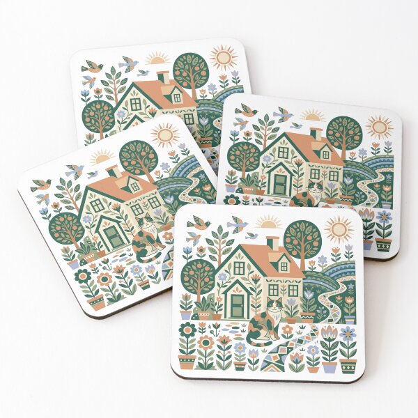 Item preview, Folk Art Cottage and Calico Cat Scandinavian Rural Landscape  designed and sold by mood-draftsman.