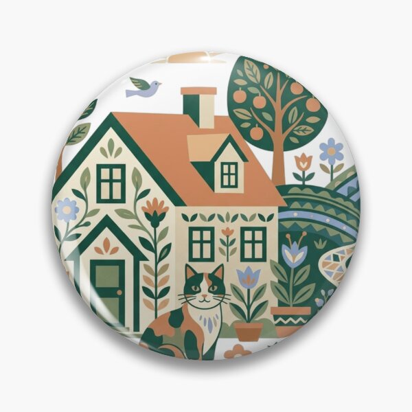 Item preview, Folk Art Cottage and Calico Cat Scandinavian Rural Landscape  designed and sold by mood-draftsman.