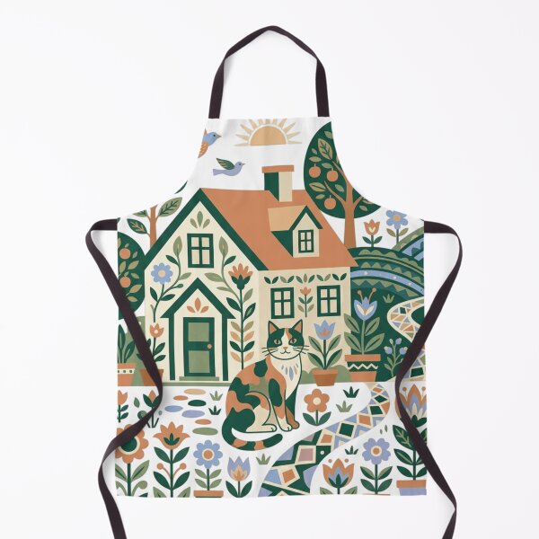 Item preview, Folk Art Cottage and Calico Cat Scandinavian Rural Landscape  designed and sold by mood-draftsman.