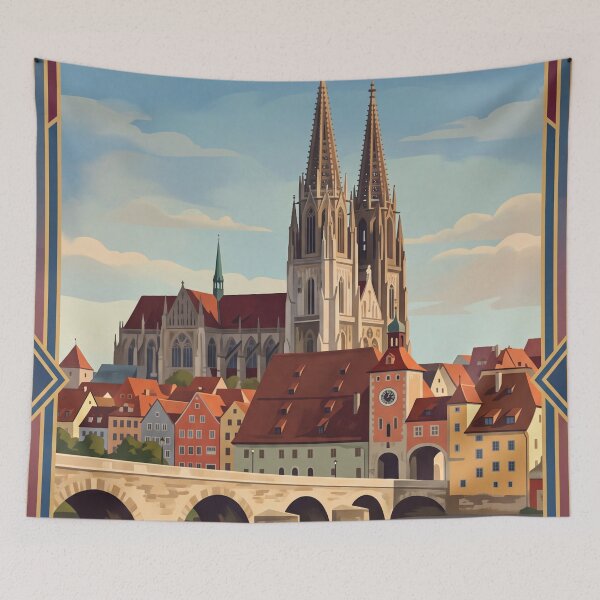 Item preview, Regensburg Germany Vintage Travel Poster – Stone Bridge Cathedral Medieval Old Town designed and sold by Bomax121.