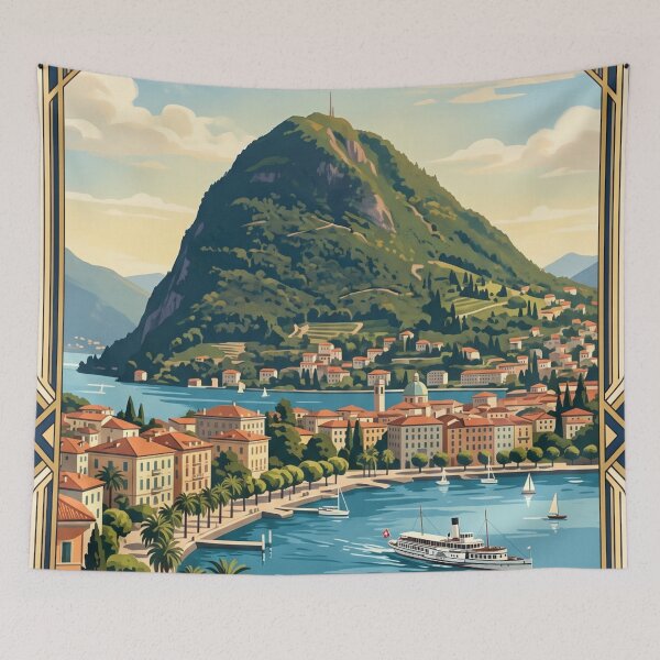 Item preview, Lugano Switzerland Vintage Travel Poster – Lake Lugano Monte San Salvatore Ticino designed and sold by Bomax121.
