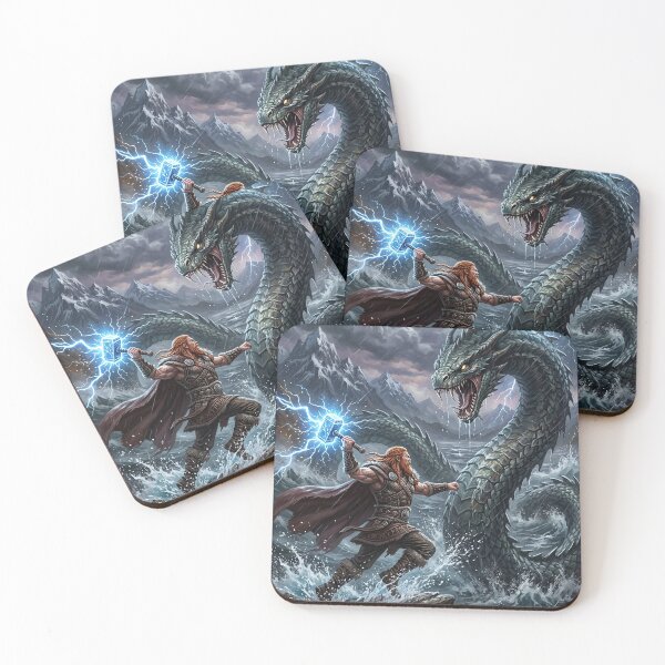 Item preview, Norse God Thor Raising Mjolnir Against Jormungandr designed and sold by Lucid Dream Pixel.