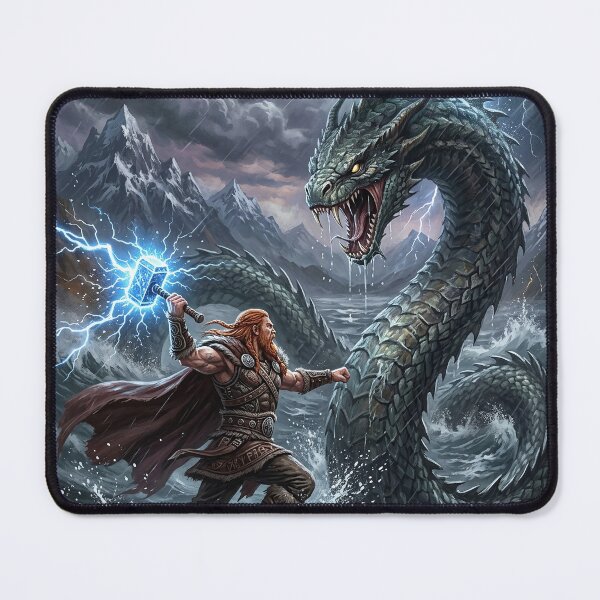 Item preview, Norse God Thor Raising Mjolnir Against Jormungandr designed and sold by Lucid Dream Pixel.