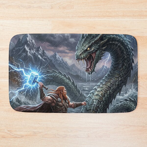 Item preview, Norse God Thor Raising Mjolnir Against Jormungandr designed and sold by Lucid Dream Pixel.