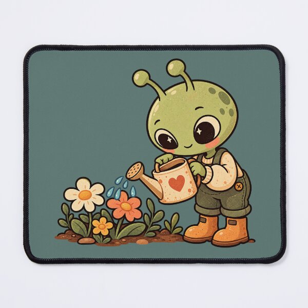 Item preview, Cute Retro Alien Watering Flowers in the Garden designed and sold by Glottopia.