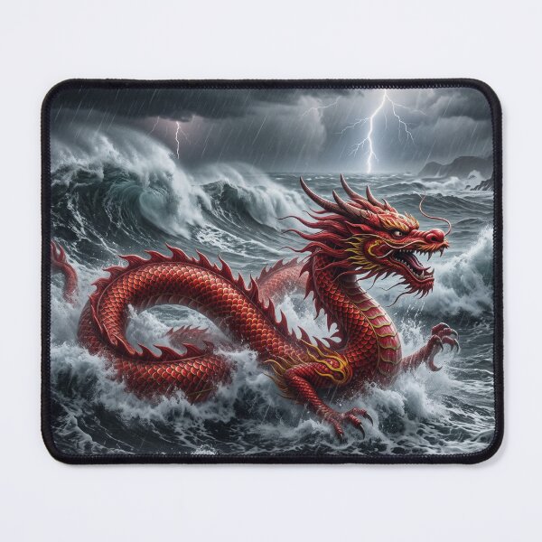 Item preview, A red Chinese dragon swimming in a stormy sea designed and sold by Mente Creativa.